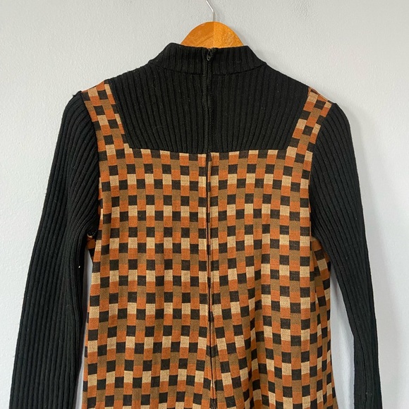 Vintage 70s Jay Kobrin Brown & Black Checkered Mock Neck Long Sleeve Dress 10 - Picture 7 of 10
